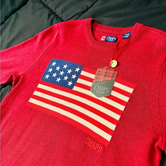 Chaps Polo Men's Red Crewneck Sweater with Flag Design